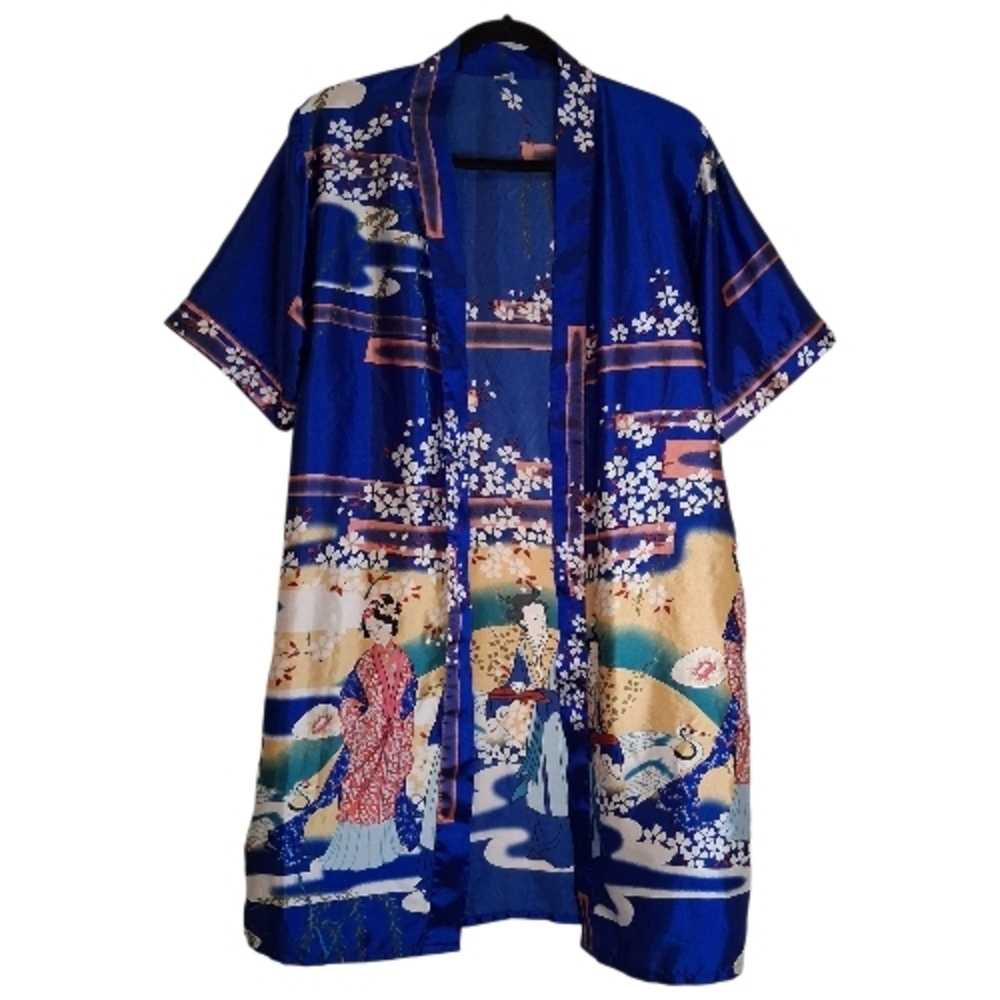 Royal Blue Satin Kimono Jacket with Geisha Print
